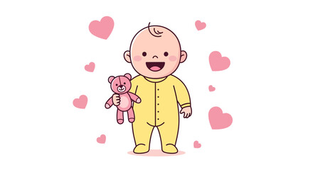 Joyful Baby Holding Teddy Bear And Surrounded By Lovely Hearts On White Background