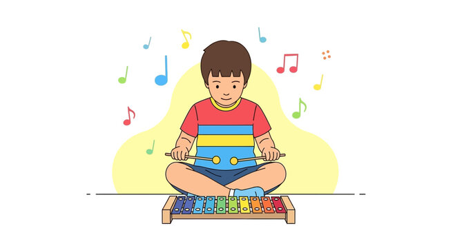 boy playing xylophone with musical notes clip art preview
