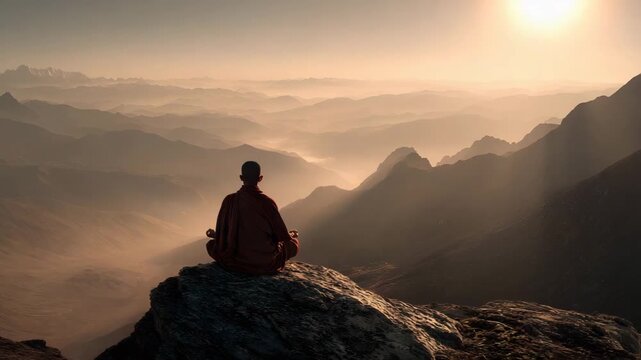4K A contemplative monk meditates in the mountains video, a monk meditating on the mountain video, a yogi meditating top of the himalayas video