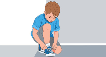 Illustration of a young boy tying his shoes, focused on the task at hand, indoors
