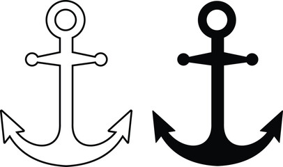Anchor icon set. Black and outline nautical anchors on isolated transparent background. Ship anchor vector symbol representing stability marine power navigation hope and nautical maritime design.