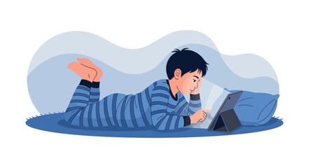 Illustration of a young boy using a tablet while lying down on his stomach at home