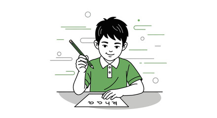 Illustration of a Young Boy Writing with a Pencil on a Paper Studying