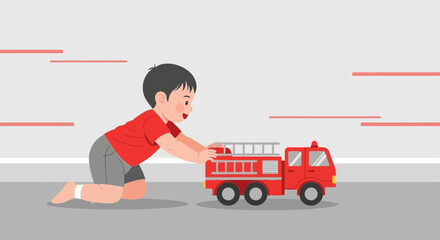 Illustration of a young child happily playing with a red toy fire truck, fun concept