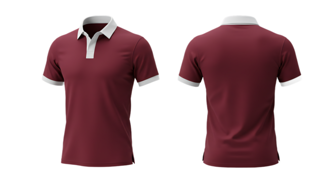 Blank Men's Maroon Polo Shirt Mockup with White Collar and Cuffs, Front and Back Views, Casual Apparel Design Template, Transparent Background