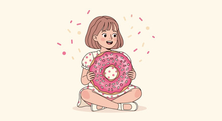 Illustration of a young girl holding a giant donut with a happy expression design