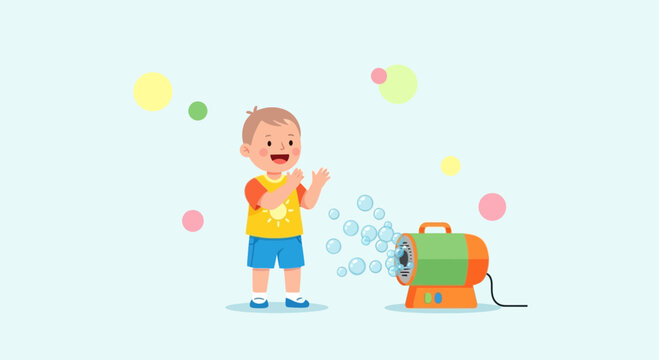 Joyful Boy Appreciates Bubbles, Fun Amusement Machine Emitting Colorful Orbs