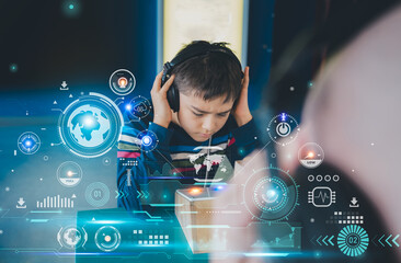 Kid wearing headphones listen to sound from device with futuristic holographic interface, digital...