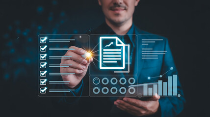 Futuristic Business Illustration of Holographic Digital Interface with Checklist, Document Icon, Progress Indicators, and Bar Graph