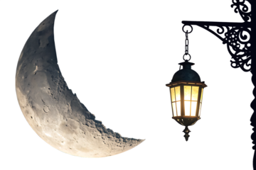 Lamp is hanging from the top of a crescent moon on AI generated by PNG