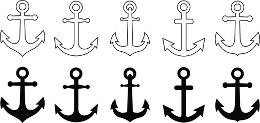 Anchor icon set. Black and outline nautical anchors on isolated transparent background. Ship anchor vector symbol representing stability marine power navigation hope and nautical maritime design. © Mon Amour