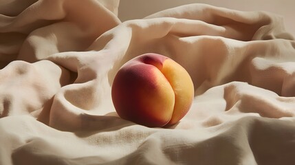 Single Peach on Beige Fabric Soft Lighting Still Life Photography