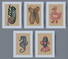 Collection of Colorful and Creative Illustrations of Animals Presented in Framed Artworks