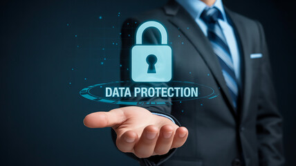 Futuristic Business Illustration of Holographic Data Protection Padlock Interface with Blue Glow on Dark Background