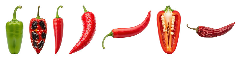 Chili pepper set including whole green, roasted, wet, long red, halved, and dried varieties isolated. Spicy ingredient collection.