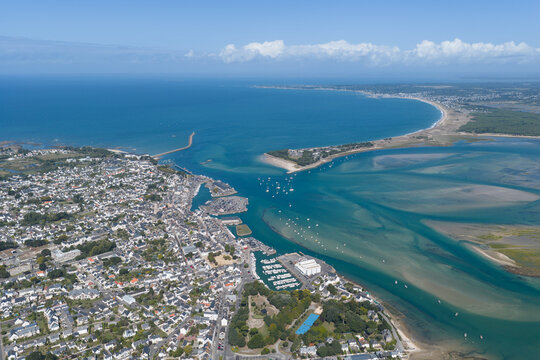 Aerial view of the french village of Le Croisic in Guerande France with sailboats parked in the bay 