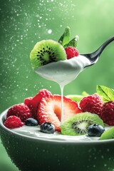 Fresh Fruit and Yogurt Drip on Spoon, Green Background