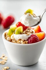 Granola and Fruit Parfait with Yogurt in White Cup