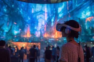 Obraz premium Girl Immersed in VR Experience Futuristic Tech & Digital World Exploration