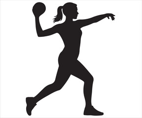 Female athlete silhouette throwing ball, sports action vector illustration