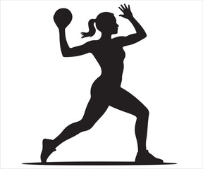 Silhouette of female athlete throwing ball in action pose isolated on white background, vector illustration symbolizing sports, strength, competition, handball, exercise, training, and fitness motivat