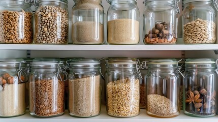 Glass Storage Jars with Various Natural Ingredients on Shelves