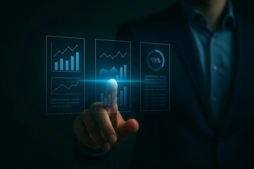 Futuristic tech interface person interacting with digital display for data analysis and insights