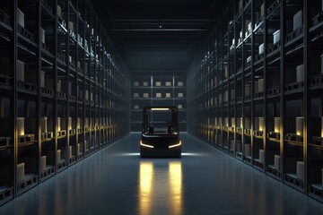 Autonomous robot navigating a modern warehouse during evening hours with illuminated shelving