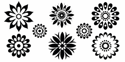 Collection of diverse stylized black floral silhouettes on a white background