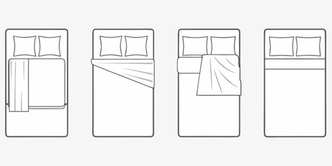 Set of four top down views of beds with different blanket and pillow arrangements © Smritykona