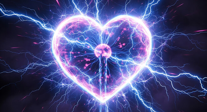 Electric heart with lightning strikes and glowing particles - Powered by Adobe