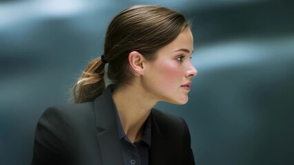 Professional with focused expression conducting recertification of access rights digital interface clear while meeting room surroundings are artistically blurred.