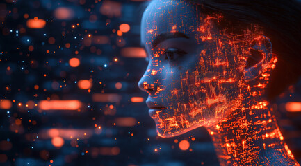AI Artificial intelligence cyber. Futuristic AI abstract design, intricate circuitry pattern. AI Robot face, virtual human, virtual character, digital clone, machine learning. Realistic photo