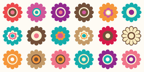 Collection of retro style flowers in various bright and earthy colors on a cream background