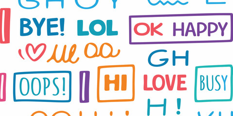 Colorful hand drawn doodle words and phrases for communication and emotions