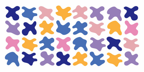 Abstract organic shapes in a repeating pattern of blue pink and yellow on a white background