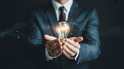 Innovative businessman holds glowing lightbulb, sparking new ideas and brilliant solutions for business growth