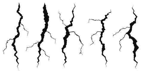Set of five black graphic illustrations of vertical cracks on a white background