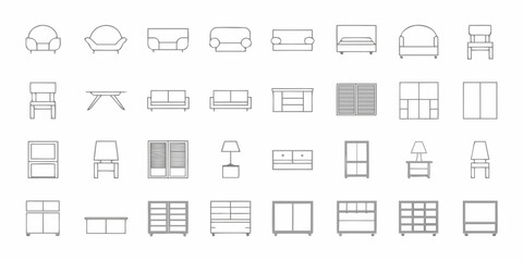 Collection of minimalist line art icons representing various furniture pieces for home and interior design