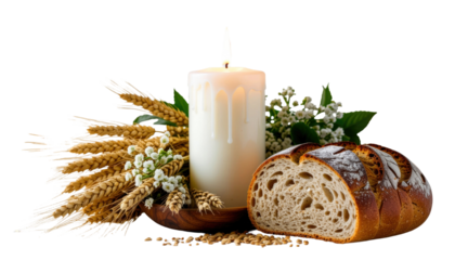 Glowing candle with melted wax dripping down and soft illumination isolated on white background