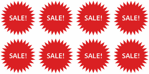 Eight red starburst sale tags with white text announcing sale events