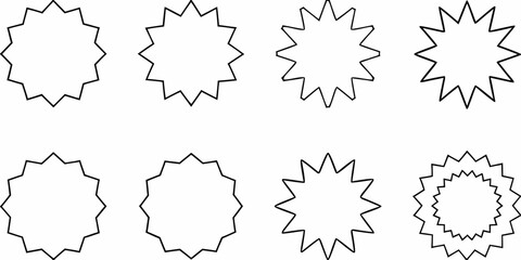 Collection of eight starburst shapes with varying points and sizes on a white background