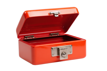 Red Metal Cash Box Open on Transparent Background