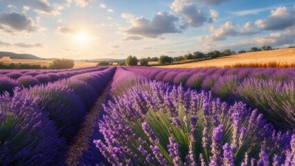 Obraz premium Radiant Sunset Over Lush Lavender Rows and Golden Wheat Fields