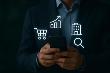 Businessman using smartphone with digital icons for e-commerce business growth and data analysis