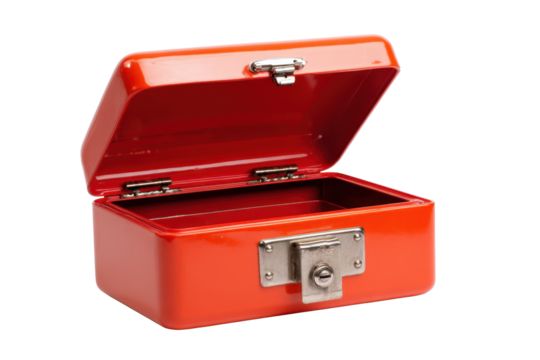 Red Metal Cash Box Open on Transparent Background