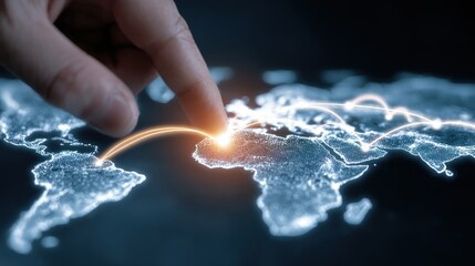 Finger touching world map, glowing connections