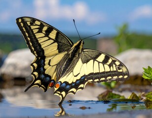 A vibrant yellow butterfly with black markings rests on a puddle, its reflection visible in the water