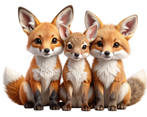 3D Forest Animal Group Fox, Deer, and Bunny in Cute Style, Transparent Background png