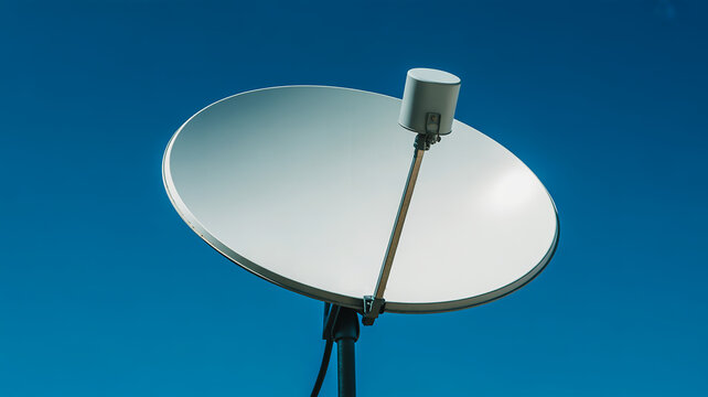 White Satellite Dish on Black Metal Pole Against Deep Blue Sky